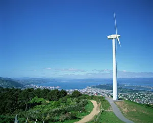 North Island Prints: ECNZ Wind turbine generator on a hill above the city