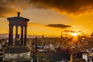Edinburgh Prints: Edinburgh sunset view from Calton Hill, Dugald Stewart Monument, Edinburgh, Scotland