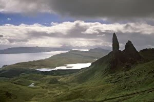 Eerie shape of the Old Man of Storr, overlooking Sound of Raasay, Isle of Skye