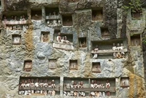 Effigies of the dead in cliffs, Toraja cemetery, Lemo, Tana Toraja, Toraja