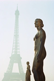 Nude Prints: The Eiffel Tower and statues of the Chaillot Terrace, Paris, France, Europe