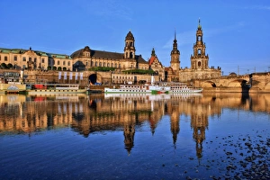 Typically German Prints: Elbe River and Old Town skyline, Dresden, Saxony, Germany, Europe