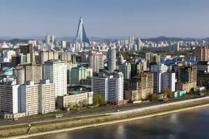 North Korean Prints: Elevated city skyline including the Ryugyong hotel and Taedong River