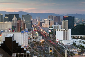 Elevated dusk view of the hotels and casinos along The Strip, Las Vegas, Nevada, United States of America, North America