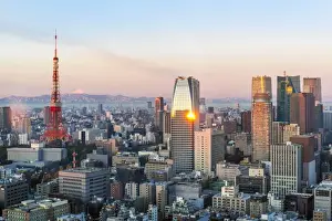 Tokyo Prints: Elevated evening view of the city skyline and iconic Tokyo Tower, Tokyo, Japan, Asia