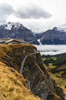 Grindelwald Prints: Elevated metal walkway on mountain ridge known as Cliff Walk by Tissot, First