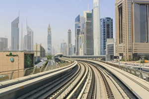 Office Block Prints: Elevated Metro track on Sheikh Zayed Road, Dubai, United Arab Emirates, Middle East