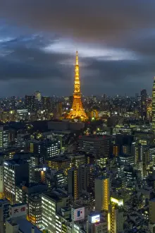Traditionally Japanese Prints: Elevated night view of the city skyline and iconic illuminated Tokyo Tower, Tokyo