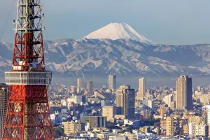 Communication Tower Prints: Elevated night view of the city skyline and iconic Tokyo Tower, Tokyo, Japan, Asia