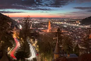 Light Trails Prints: Elevated nightly view of Heidelberg Altstadt (Old Town) with spires and light trails