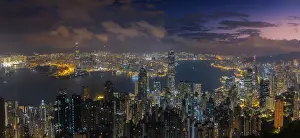 Hong Prints: Elevated panoramic view of illuminated Hong Kong cityscape viewed from Lugard Road at dusk