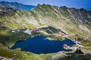 Fagaras Mountains Prints: Elevated view over Balea Lake at 2034m altitude in the Fagaras Mountains in central