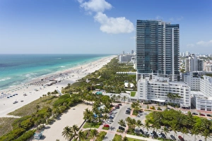South Beach Prints: Elevated view of beach and hotels in South Beach, Miami Beach, Miami, Florida, United