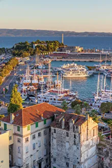 Croatian Prints: Elevated view from the bell tower of the Cathedral over the port, Split, Croatia, Europe