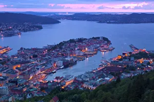 Bergen Prints: Elevated view over central Bergen at dusk, Bergen, Hordaland, Norway, Scandinavia, Europe