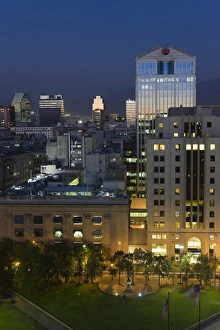 Images Dated 12th March 2008: Elevated view of the central city skyline at dusk, Santiago, Chile, South America