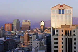 Images Dated 12th March 2008: Elevated view of the central city skyline at dusk, Santiago, Chile, South America