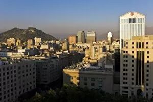 Images Dated 12th March 2008: Elevated view of the central city skyline at dusk, Santiago, Chile, South America