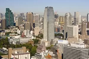 Elevated view of the central Tokyo skyline from the