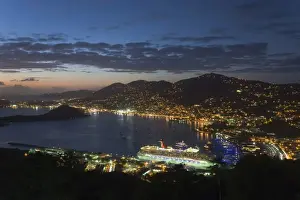Elevated view over Charlotte Amalie and the cruise ship dock of Havensight, St
