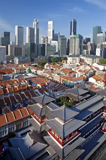 China Town Prints: Elevated view over Chinatown, the new Buddha Tooth Relic temple and modern city skyline