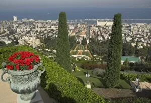 Elevated view of city including Bahai shrine and gardens