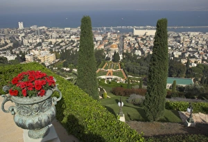 Elevated view of city including Bahai shrine and gardens