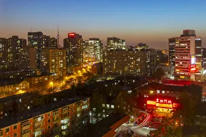 Light Beam Prints: Elevated view of city near Beijing Zoo at dusk, Beijing, Peoples Republic of China