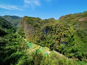 Trekking Prints: Elevated view of clear turquoise waters and lush greenery in Semuc Champey Natural Monument