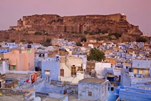 Images Dated 18th November 2007: Elevated view over colorful houses of the Blue City towards Meherangarh Fort, Jodhpur