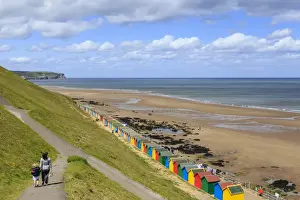 Child Prints: Elevated view of colourful beach huts on West Cliff Beach