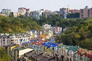 Images Dated 21st August 2008: Elevated view over colourful buildings with multicolor roofs in a new residential area of Kiev