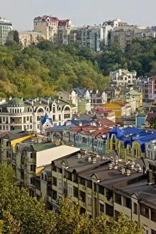 Elevated view over colourful buildings with multicolor roofs in a new residential area of Kiev