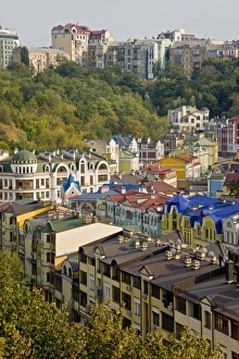 Images Dated 21st August 2008: Elevated view over colourful buildings with multicolor roofs in a new residential area of Kiev