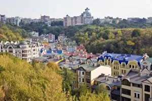 Images Dated 21st August 2008: Elevated view over colourful buildings with multicolor roofs in a new residential area of Kiev