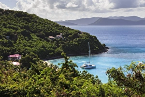 White Bay Prints: Elevated view of cove with yacht