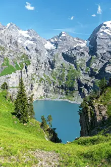 Kandersteg Prints: Elevated view of the crystal clear water of Oeschinensee lake