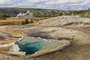 Geyser Prints: Elevated view of Doublet Pool, Firehole River and Castle Geyser