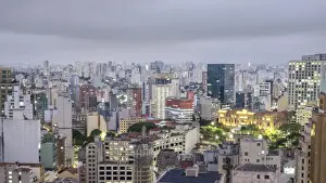 Elevated view downtown, city centre showing the illuminated Tribunal de Justica (Court of Justice) building, Sao Paulo, Brazil, South America
