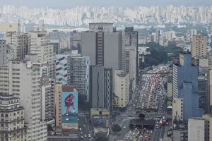 Mural Painting Prints: Elevated view of downtown skyscrapers