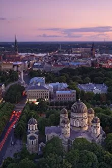 Images Dated 18th August 2007: Elevated view at dusk over Old Town, UNESCO World Heritage Site, Riga, Latvia, Europe