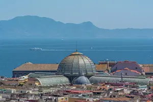 Shopping Mall Prints: Elevated view of Galleria Umberto I and Amalfi Coast in background