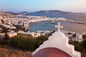 Hora Prints: Elevated view over the harbour and old town, Mykonos (Hora), Cyclades Islands