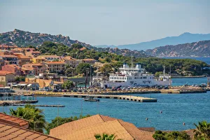 Elevated view of harbour and Palau town, Palau, Sardinia, Italy, Mediterranean, Europe