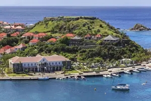 Gustavia Prints: Elevated view, Hotel de la Collectivitie and Fort Oscar from Fort Gustave