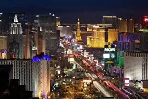 Leisure Gallery: Elevated view of the hotels and casinos along The Strip at dusk, Las Vegas, Nevada
