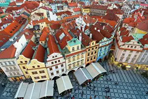 Elevated view of houses with red roofs as seen from Prague Astronomical Clock at Old Town Square, Prague, Czech Republic (Czechia), Europe