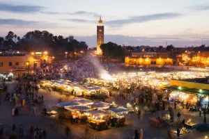 Elevated view of the Koutoubia Mosque at dusk from Djemaa el-Fna, Marrakech, Morocco, North Africa, Africa Elevated view of the Koutoubia Mosque at dusk from Djemaa el-Fna, Marrakech, Morocco, North Africa, Africa