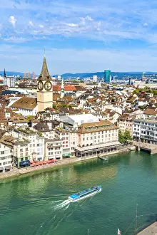 Zurich Prints: Elevated view of Limmat River and St. Peter church from tall towers of Grossmunster