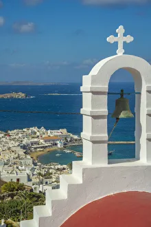 Old Harbour Prints: Elevated view of little white chapel, Old Harbour and town, Mykonos Town, Mykonos